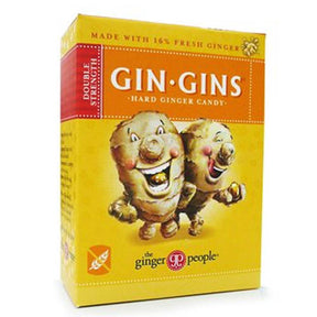 Box of Gin Gins hard ginger candy with cartoon ginger characters on a yellow background