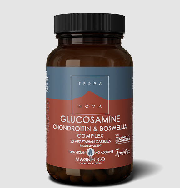 Terranova Glucosamine, Chondroitin, and Boswellia complex supplement bottle containing 50 vegan vegetarian capsules.