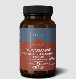 Terranova Glucosamine, Chondroitin, and Boswellia complex supplement bottle containing 50 vegan vegetarian capsules.