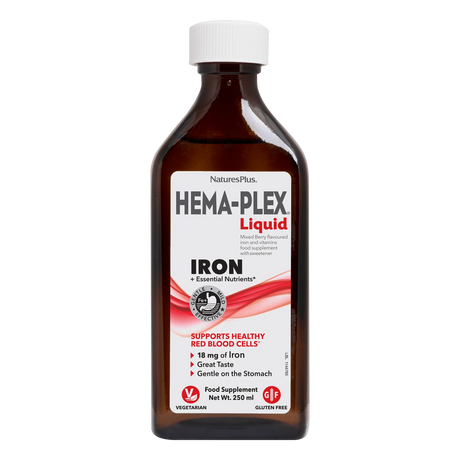Nature's Plus Hema-Plex Liquid Iron supplement for energy and blood health berry flavor 250ml.
