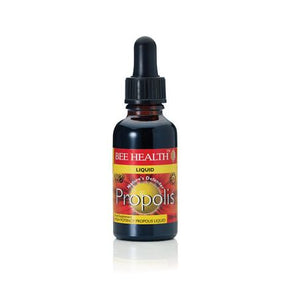 Dark glass bottle with "Bee Health Propolis" label. Red and yellow design. Dropper cap, suggesting liquid nature. Emphasizes natural remedy.