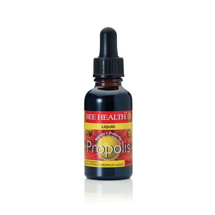 Dark glass bottle with "Bee Health Propolis" label. Red and yellow design. Dropper cap, suggesting liquid nature. Emphasizes natural remedy.
