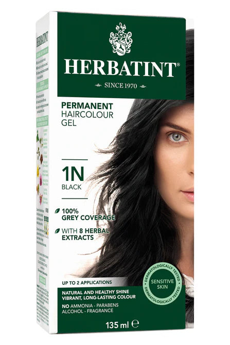 Herbatint Permanent Haircolour Gel, shade 1N Black, offering 100% grey coverage with 8 herbal extracts, formulated for sensitive skin, and free from ammonia, parabens, alcohol, and fragrance.