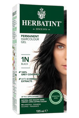 Herbatint Permanent Haircolour Gel, shade 1N Black, offering 100% grey coverage with 8 herbal extracts, formulated for sensitive skin, and free from ammonia, parabens, alcohol, and fragrance.