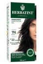Herbatint Permanent Haircolour Gel, shade 1N Black, offering 100% grey coverage with 8 herbal extracts, formulated for sensitive skin, and free from ammonia, parabens, alcohol, and fragrance.