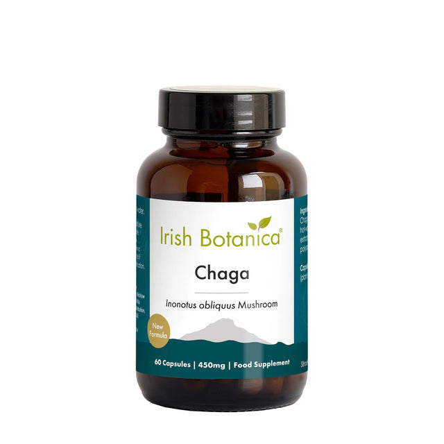 Irish Botanica Chaga Inonotus obliquus Mushroom food supplement, 60 capsules (450mg) with a new formula.