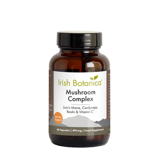 Irish Botanica Mushroom Complex for immune support, 60 capsules (491mg) containing Lion's Mane, Cordyceps, Reishi, and Vitamin C.