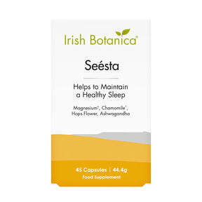 Irish Botanica Seésta sleep support food supplement, 45 capsules with Magnesium, Chamomile, Hops Flower, and Ashwagandha.