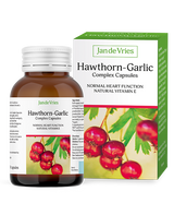 Jan de Vries Hawthorn Garlic Complex capsules for heart health, blood pressure support, and circulation.