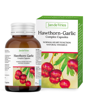 Jan de Vries Hawthorn Garlic Complex capsules for heart health, blood pressure support, and circulation.