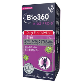 Bio360 Kidz Pro-5 Daily Microbiotic powder for children 12 months plus, 5 billion live bacteria per serving, 90g vegan food supplement.