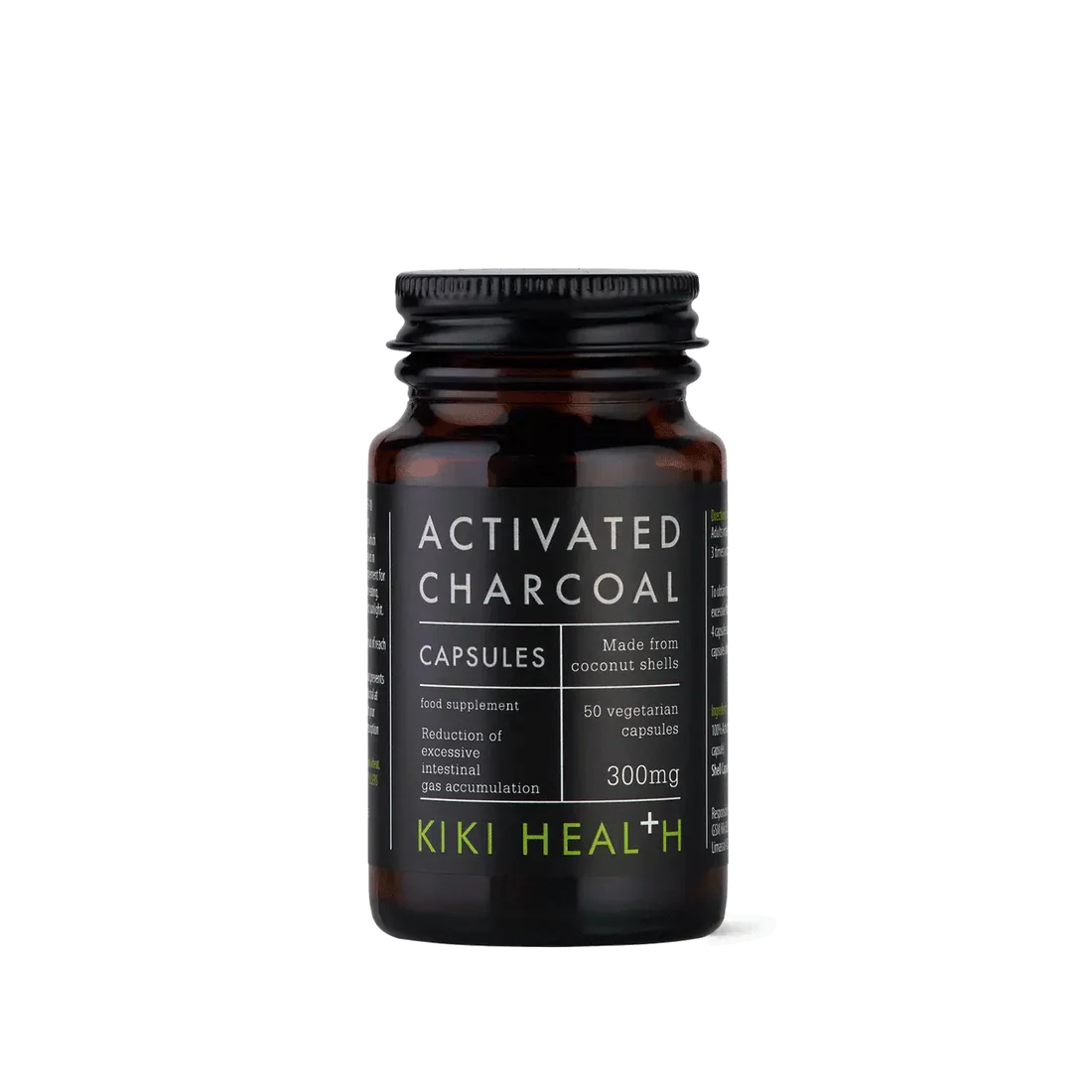 KIKI Health activated charcoal powder 70g from coconut shells for digestion, bloating relief, detox support and natural cleansing.