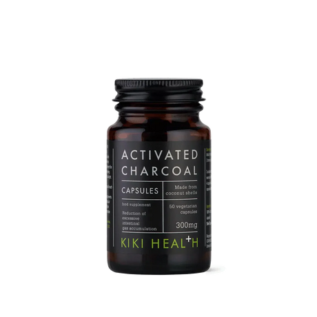 KIKI Health activated charcoal powder 70g from coconut shells for digestion, bloating relief, detox support and natural cleansing.
