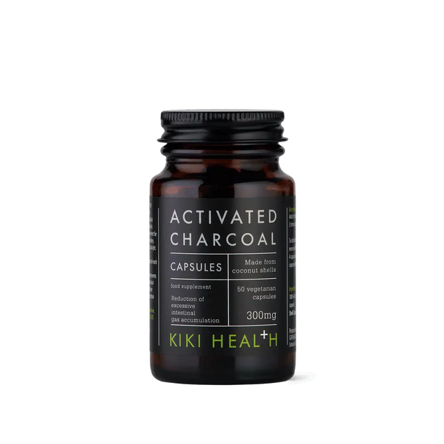 KIKI Health activated charcoal powder 70g from coconut shells for digestion, bloating relief, detox support and natural cleansing.