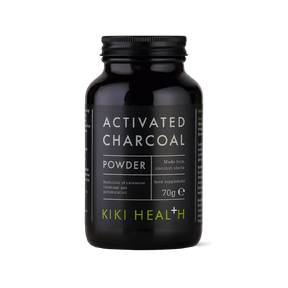 KIKI Health activated charcoal powder 70g for digestion, bloating relief, detox support, teeth whitening, and natural cleansing.