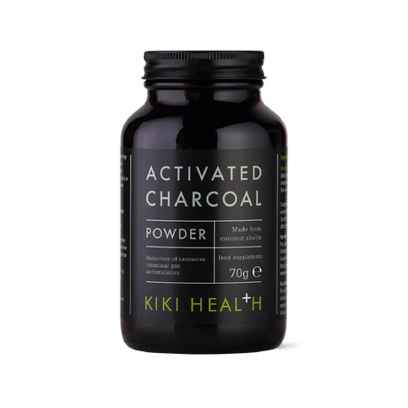 KIKI Health activated charcoal powder 70g for digestion, bloating relief, detox support, teeth whitening, and natural cleansing.
