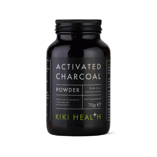 KIKI Health activated charcoal powder 70g for digestion, bloating relief, detox support, teeth whitening, and natural cleansing.