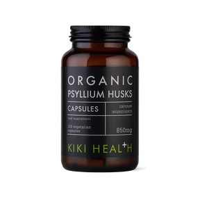 KIKI Health organic psyllium husks 120 vegicaps for digestion, gut health, fibre support and natural bowel regularity.