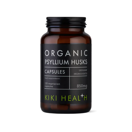 KIKI Health organic psyllium husks 120 vegicaps for digestion, gut health, fibre support and natural bowel regularity.