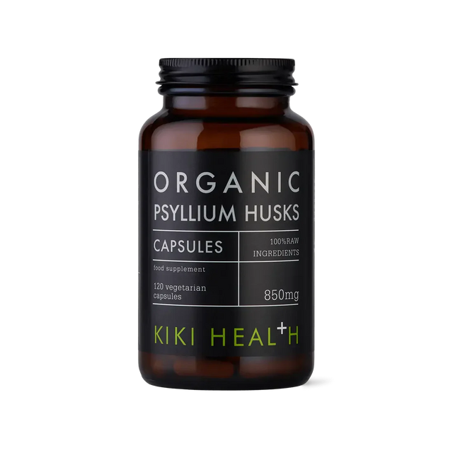 KIKI Health organic psyllium husks 120 vegicaps for digestion, gut health, fibre support and natural bowel regularity.