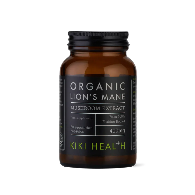KIKI Health Lion’s Mane extract capsules 60 vegicaps for brain health, memory, focus and cognitive support with organic mushroom formula.