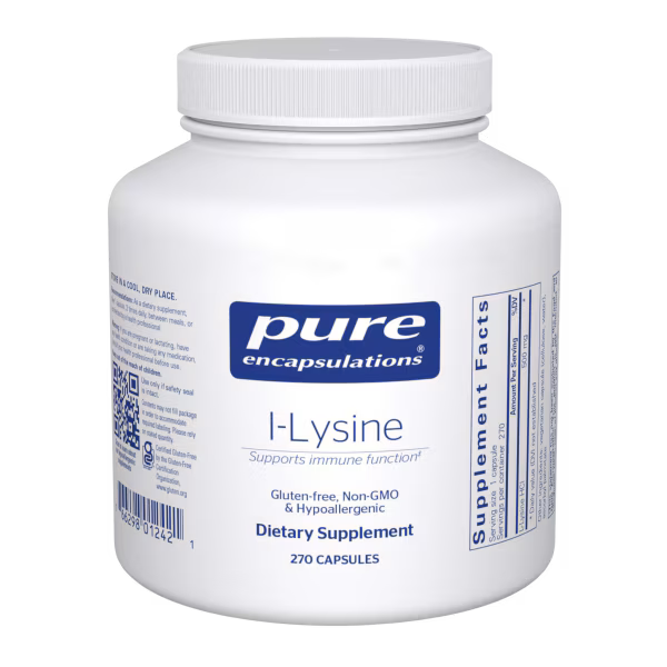 White bottle of Pure Encapsulations L-Lysine dietary supplement capsules, 270 count.