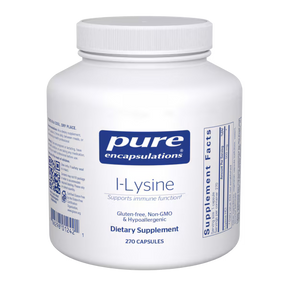 White bottle of Pure Encapsulations L-Lysine dietary supplement capsules, 270 count.