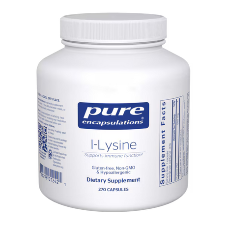 White bottle of Pure Encapsulations L-Lysine dietary supplement capsules, 270 count.