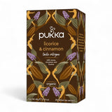 Pukka Licorice & Cinnamon organic herbal tea, featuring a blend of cocoa, cinnamon, and licorice, containing 20 herbal tea sachets.