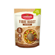 A 200g stand-up pouch of Linwoods Fibre Boost Gut Health powder, featuring a kraft paper design with a red brand logo and an illustration of a bowl of pasta with a spoonful of the dark brown fibre powder.