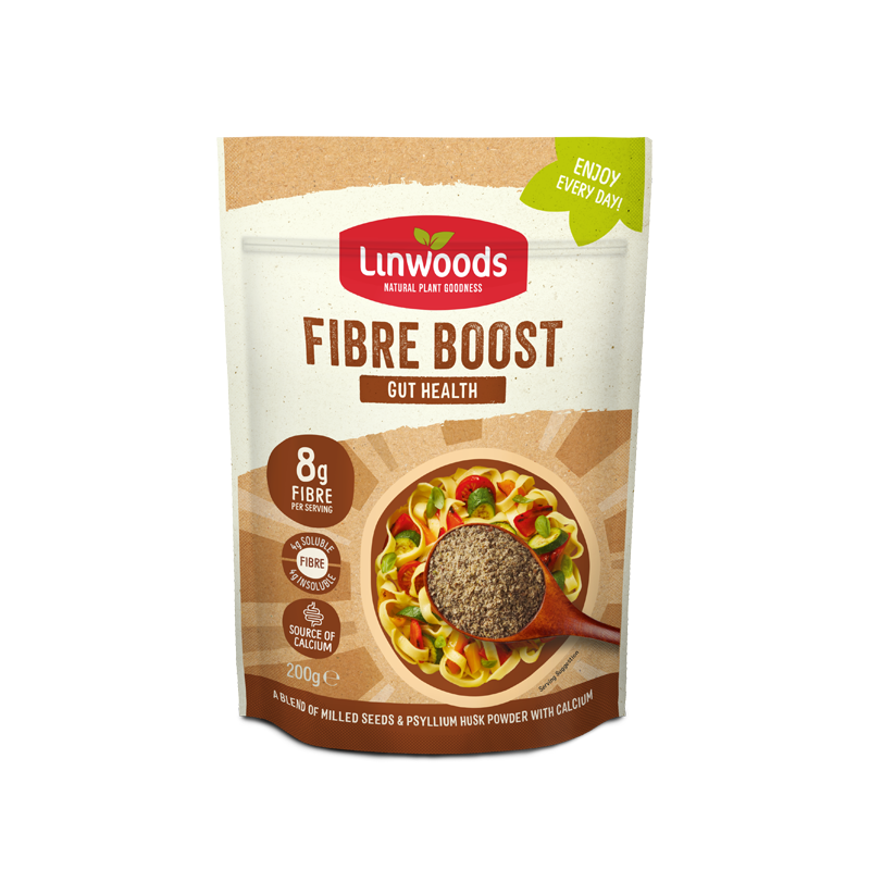 A 200g stand-up pouch of Linwoods Fibre Boost Gut Health powder, featuring a kraft paper design with a red brand logo and an illustration of a bowl of pasta with a spoonful of the dark brown fibre powder.