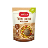 A 200g stand-up pouch of Linwoods Fibre Boost Gut Health powder, featuring a kraft paper design with a red brand logo and an illustration of a bowl of pasta with a spoonful of the dark brown fibre powder.