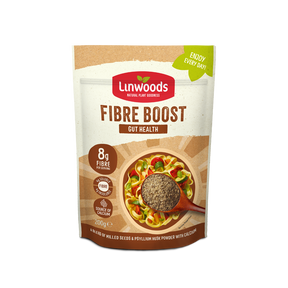 A 200g stand-up pouch of Linwoods Fibre Boost Gut Health powder, featuring a kraft paper design with a red brand logo and an illustration of a bowl of pasta with a spoonful of the dark brown fibre powder.