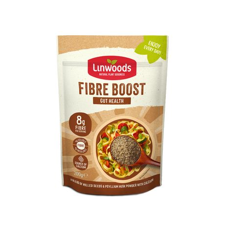 A 200g stand-up pouch of Linwoods Fibre Boost Gut Health powder, featuring a kraft paper design with a red brand logo and an illustration of a bowl of pasta with a spoonful of the dark brown fibre powder.