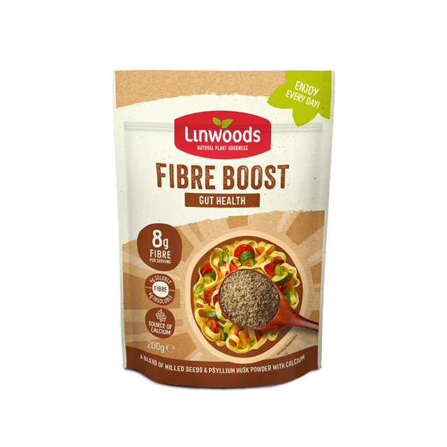 A 200g stand-up pouch of Linwoods Fibre Boost Gut Health powder, featuring a kraft paper design with a red brand logo and an illustration of a bowl of pasta with a spoonful of the dark brown fibre powder.