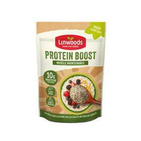 A 200g stand-up pouch of Linwoods Protein Boost Muscle Maintenance protein powder, featuring a kraft paper design with green and red branding and an illustration of oatmeal with berries.