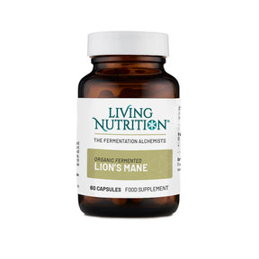 Living Nutrition Organic Fermented Lion's Mane food supplement bottle, 60 capsules.