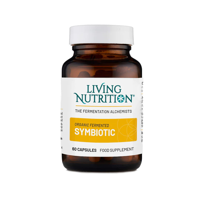 Living Nutrition Organic Fermented Symbiotic food supplement bottle, 60 capsules.