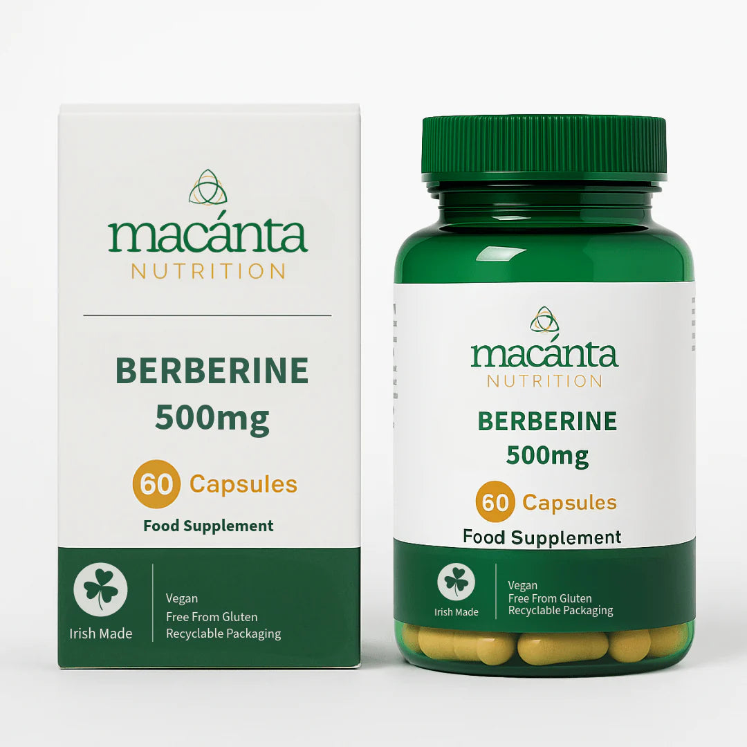 Macanta Nutrition Berberine 500mg supplement bottle and packaging on a white background
