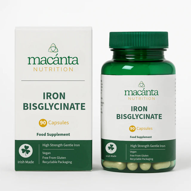 Macanta Nutrition Iron Bisglycinate supplement bottle and packaging on a white background