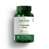 Macanta L-Theanine supplement bottle with capsules and leaves on a green background