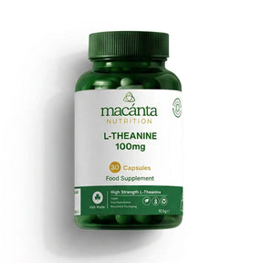 Macanta L-Theanine supplement bottle with capsules and leaves on a green background