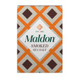 A rectangular box of Maldon Smoked Sea Salt with a retro geometric pattern of orange, beige, and dark brown diamonds, featuring the green 'Maldon' brand name in the center.
