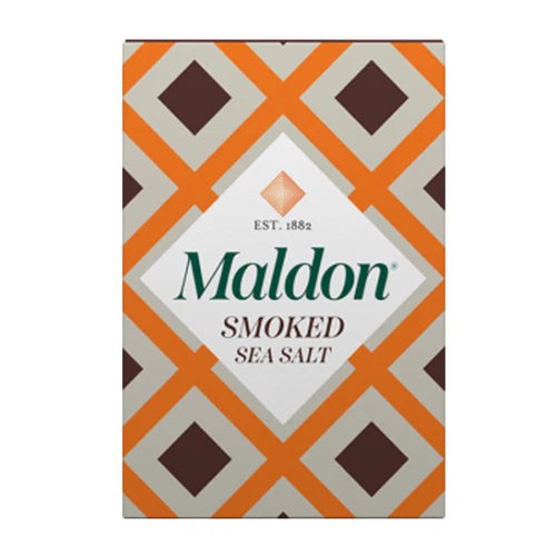 A rectangular box of Maldon Smoked Sea Salt with a retro geometric pattern of orange, beige, and dark brown diamonds, featuring the green 'Maldon' brand name in the center.