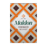 A rectangular box of Maldon Smoked Sea Salt with a retro geometric pattern of orange, beige, and dark brown diamonds, featuring the green 'Maldon' brand name in the center.