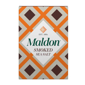 A rectangular box of Maldon Smoked Sea Salt with a retro geometric pattern of orange, beige, and dark brown diamonds, featuring the green 'Maldon' brand name in the center.