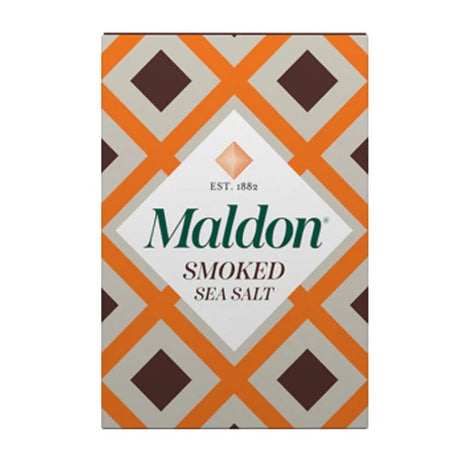 A rectangular box of Maldon Smoked Sea Salt with a retro geometric pattern of orange, beige, and dark brown diamonds, featuring the green 'Maldon' brand name in the center.