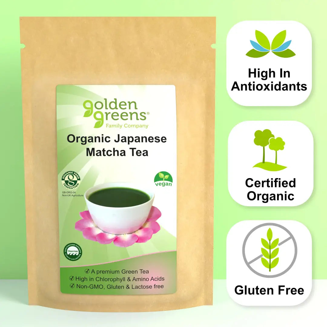 Packaging of Golden Greens Organic Japanese Matcha Tea. Labels indicate it is vegan, high in antioxidants, certified organic, and gluten-free.