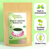 Packaging of Golden Greens Organic Japanese Matcha Tea. Labels indicate it is vegan, high in antioxidants, certified organic, and gluten-free.