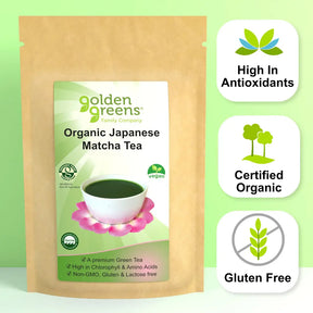 Packaging of Golden Greens Organic Japanese Matcha Tea. Labels indicate it is vegan, high in antioxidants, certified organic, and gluten-free.